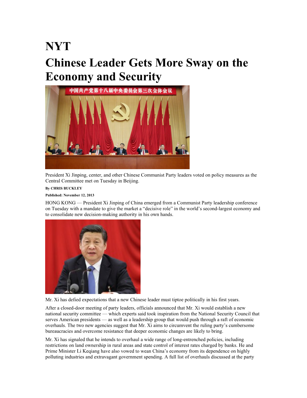 Chinese Leader Gets More Sway on the Economy and Security