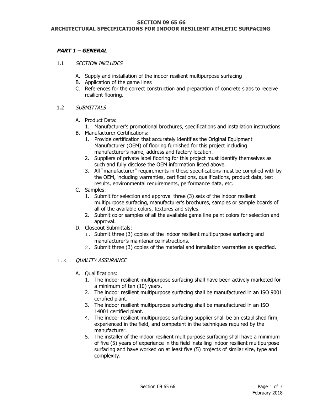 Architectural Specifications for Indoor Resilient Athletic Surfacing