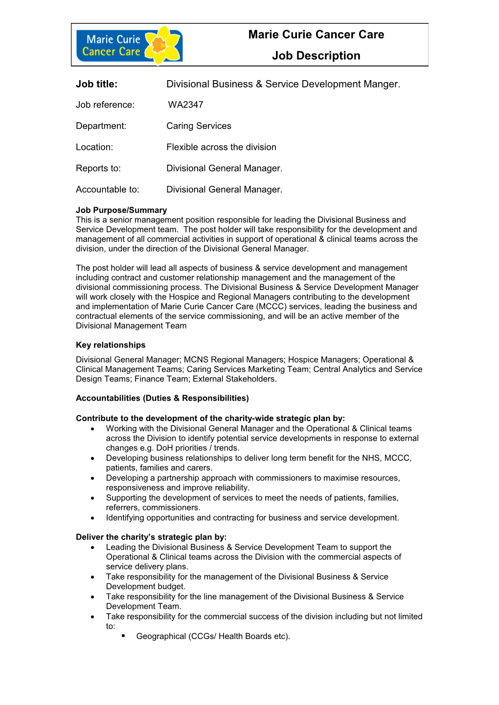 Job Title:Divisional Business & Service Development Manger