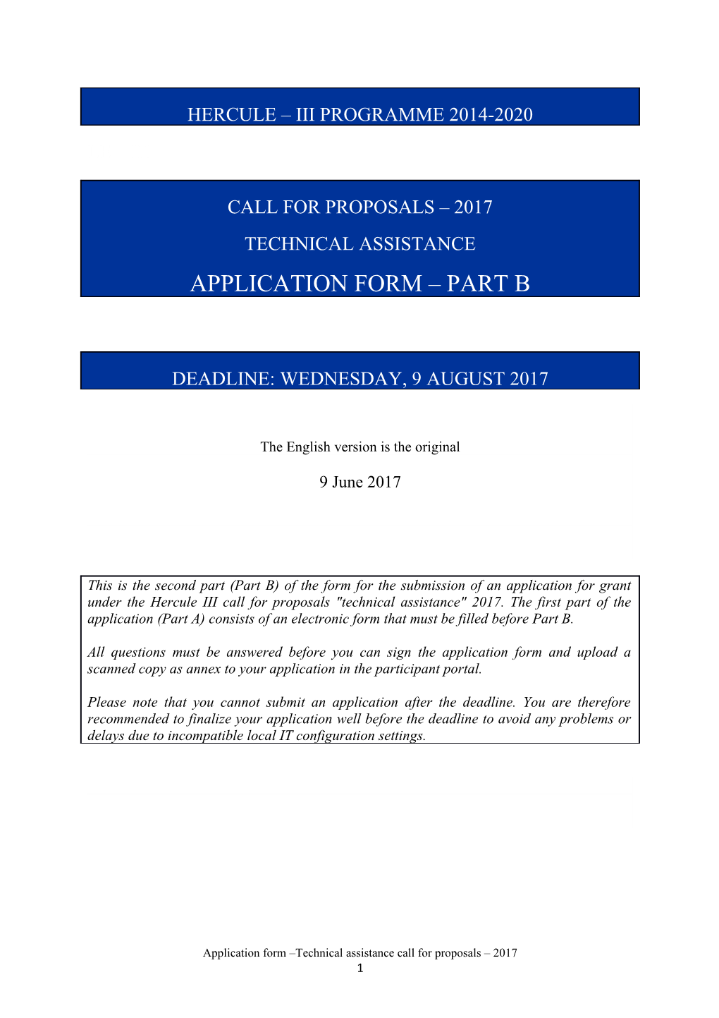 Hercule III Programme - Call for Proposals 2017 - Technical Assistance - Application Form