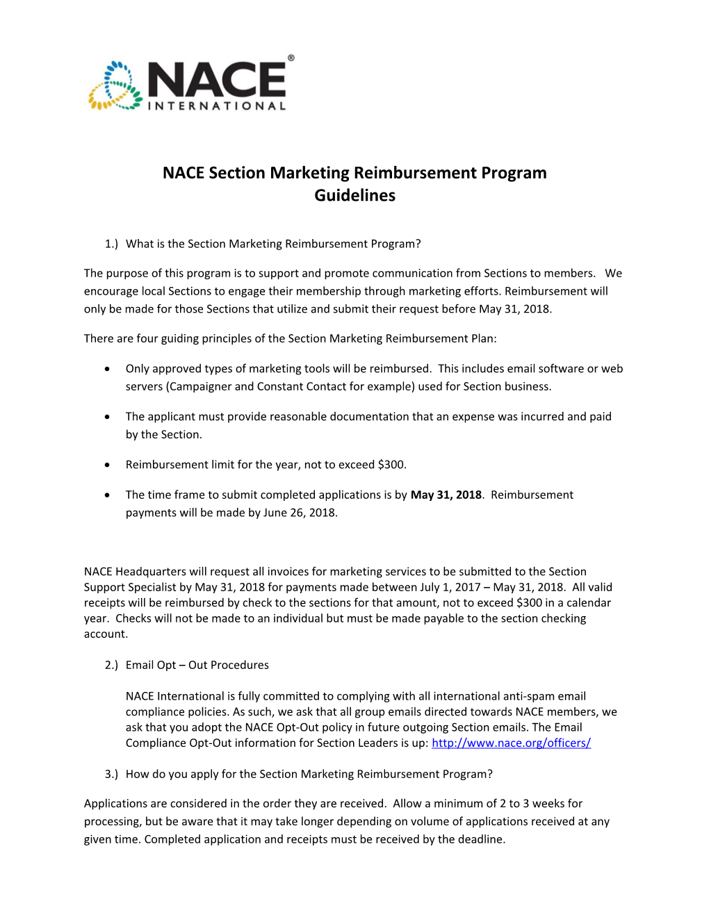 NACE Section Marketing Reimbursement Program