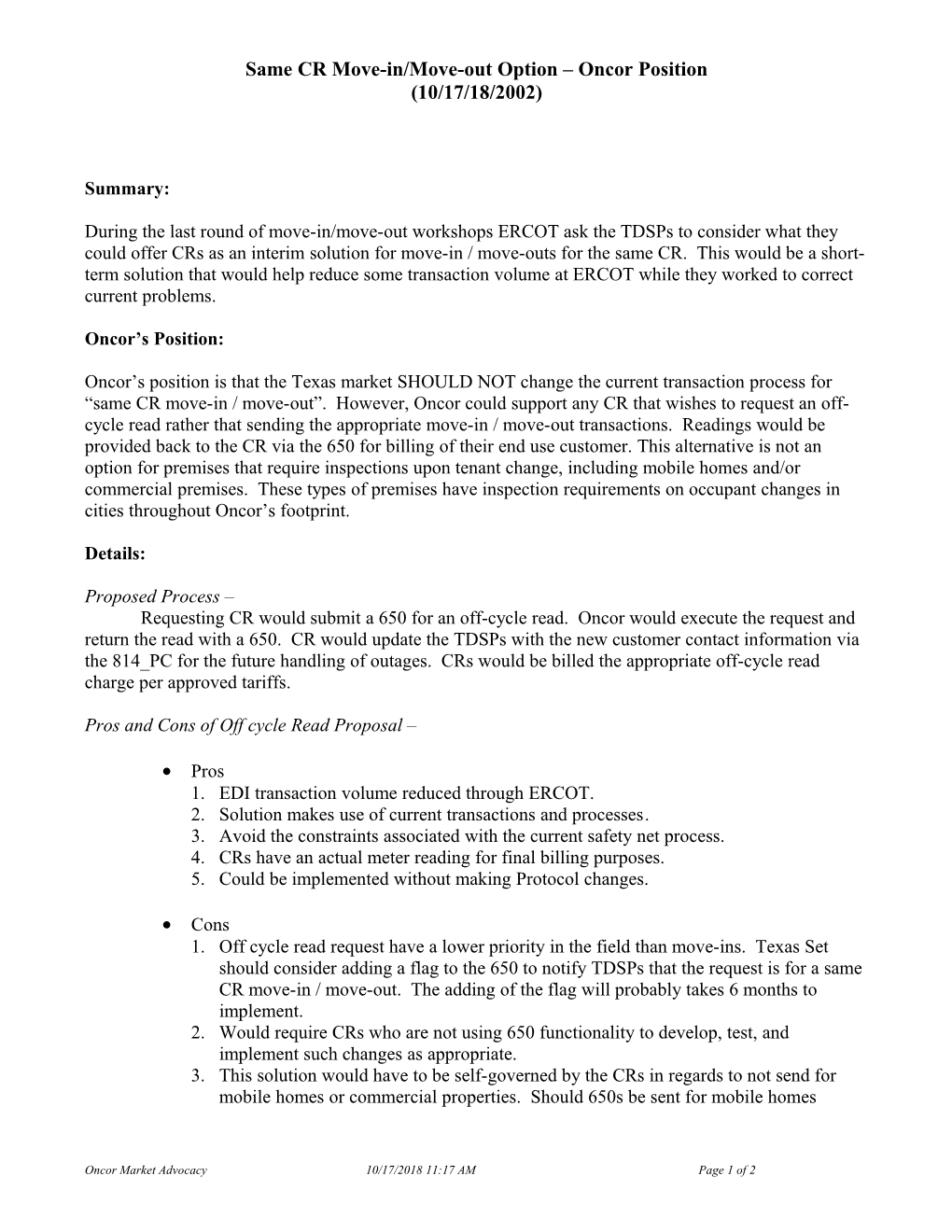 Same CR Move-In/Move-Out Option Oncor Position