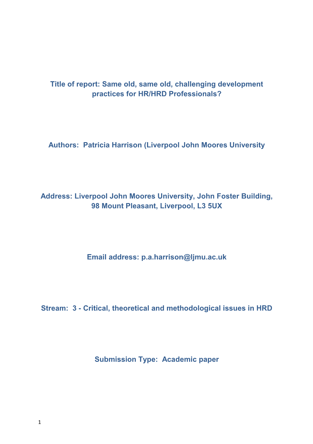 Authors: Patricia Harrison (Liverpool John Moores University