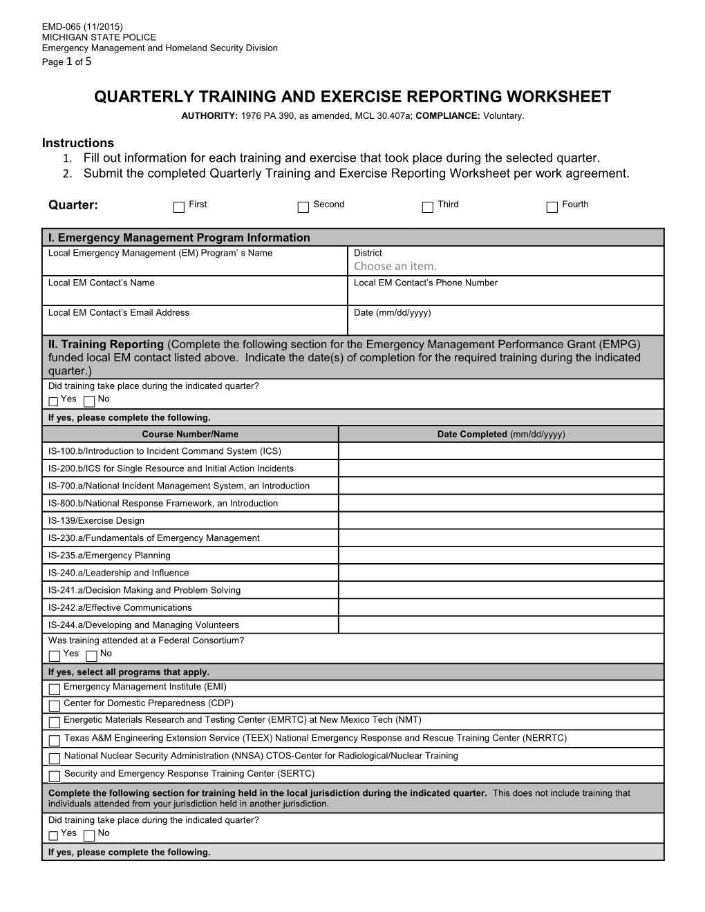 Quarterly Training and Exercise Reporting Worksheet