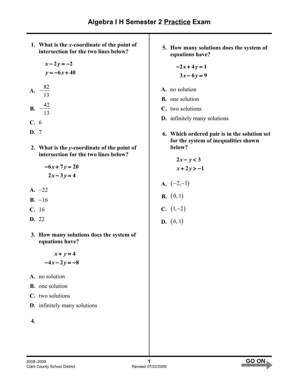 Algebrai H Semester 2 Practice Exam