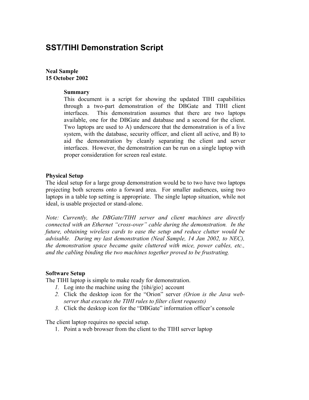 TIHI Demonstration Script