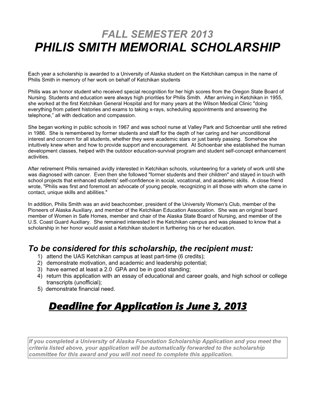 Philis Smith Memorial Scholarship