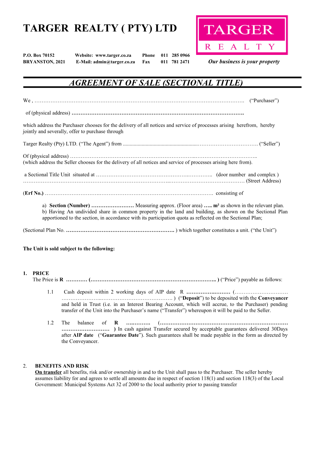 Agreement of Sale (Sectional Title)