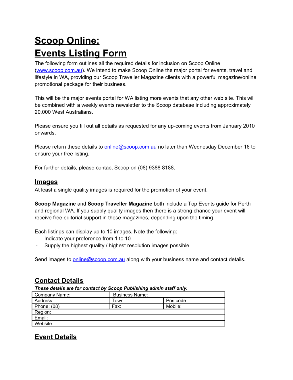 Events Listing Form