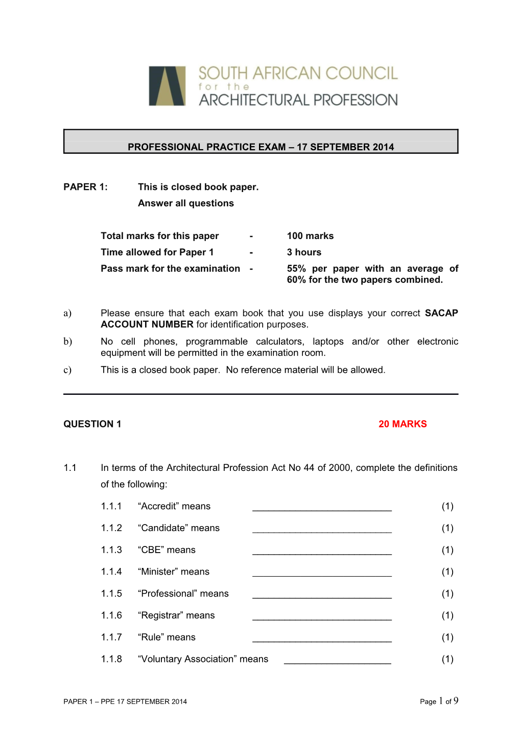 Professional Practice Exam 17 September 2014