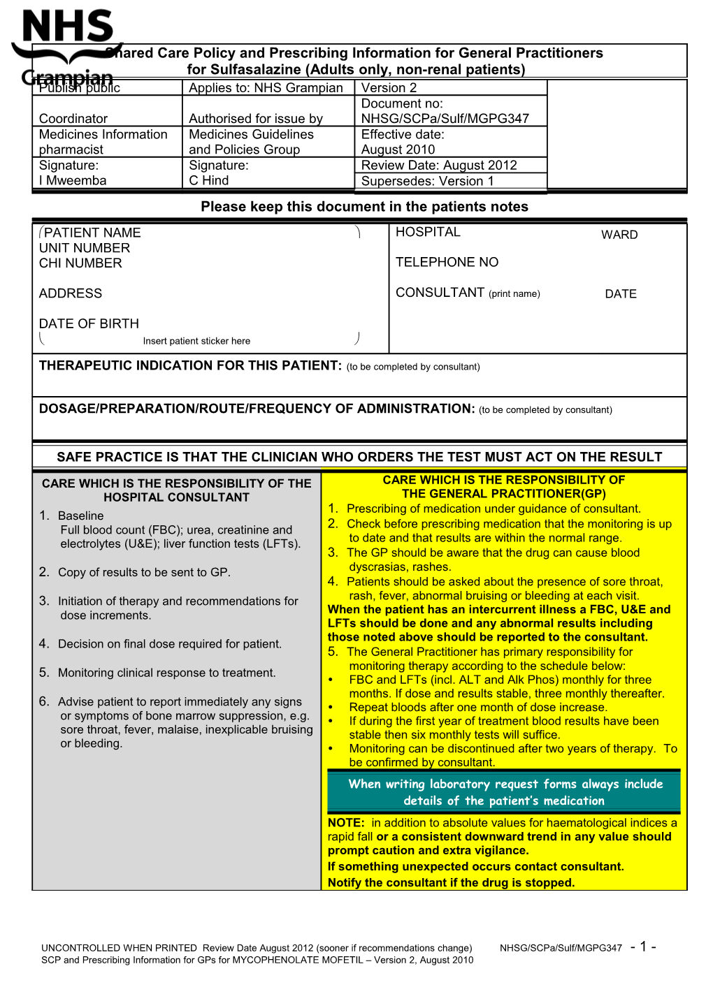 Shared Care Policy and Prescribing Information for General Practitioners for SULFASALAZINE