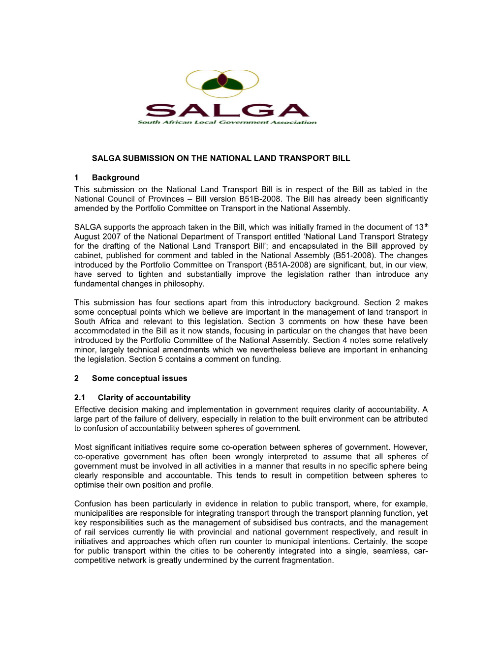 Salga Submission on the Nationalland Transport Bill