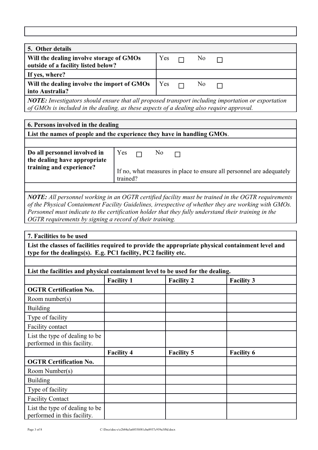 This Application Form Should Be Completed for All Notifiable Low Risk Category GMO Dealingsto