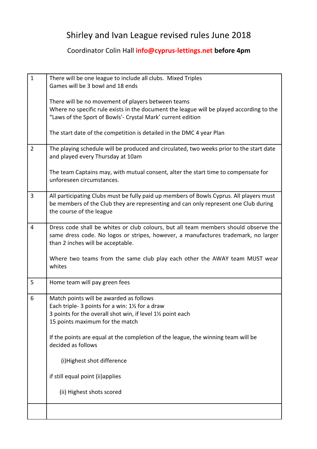 Shirley and Ivan League Revised Rules June 2018