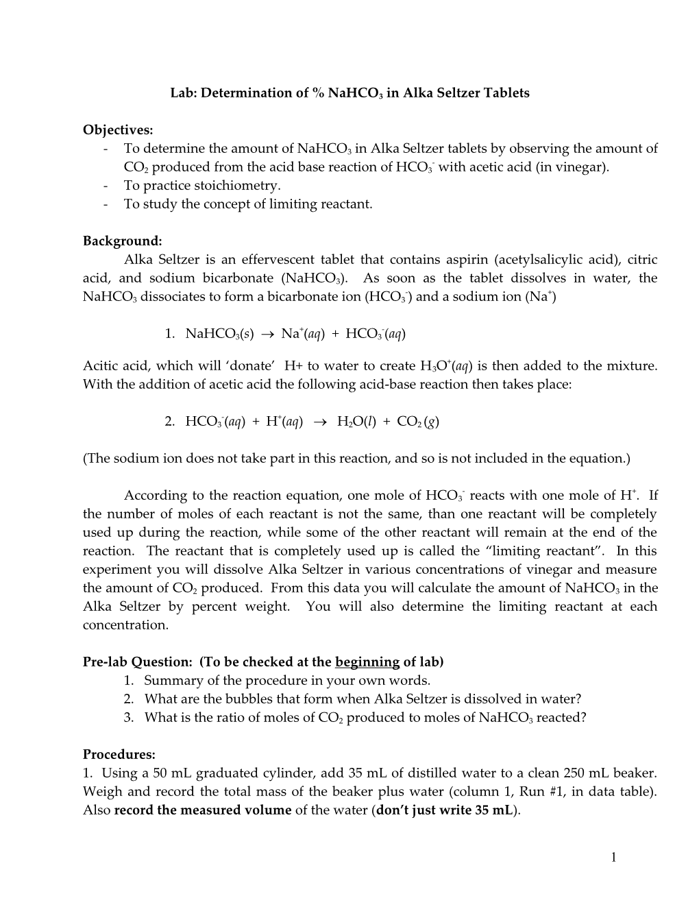 Determination of % Nahco3 in Alka Seltzer Tablets