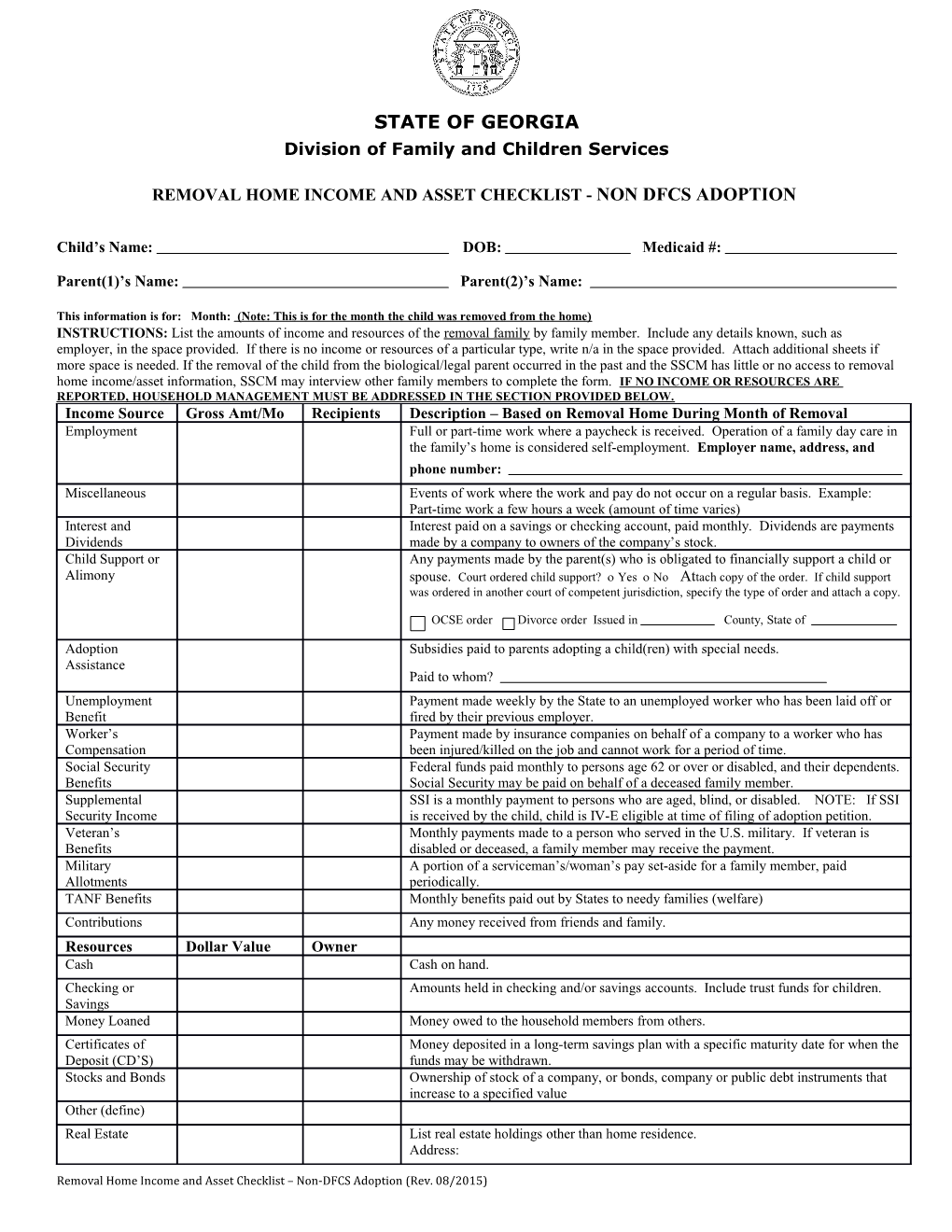 Removal Home Income and Asset Checklist - NON DFCS ADOPTION