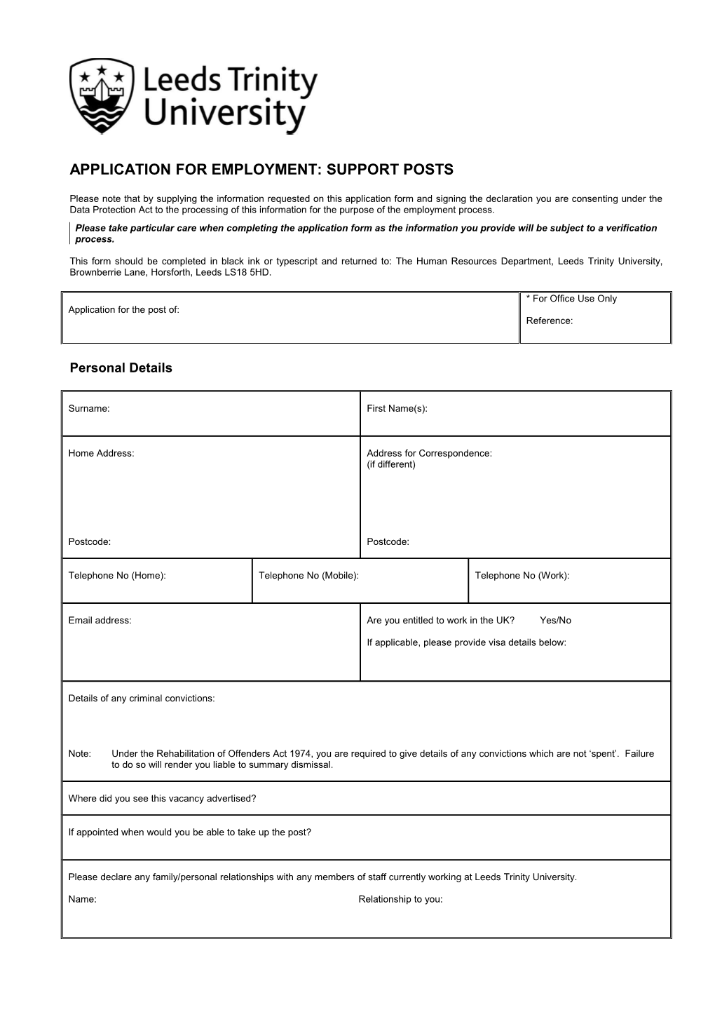 Application for Employment: Support Posts