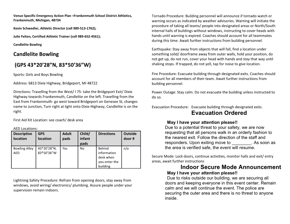 Venue Specific Emergency Action Plan Frankenmuth School District Athletics, Frankenmuth