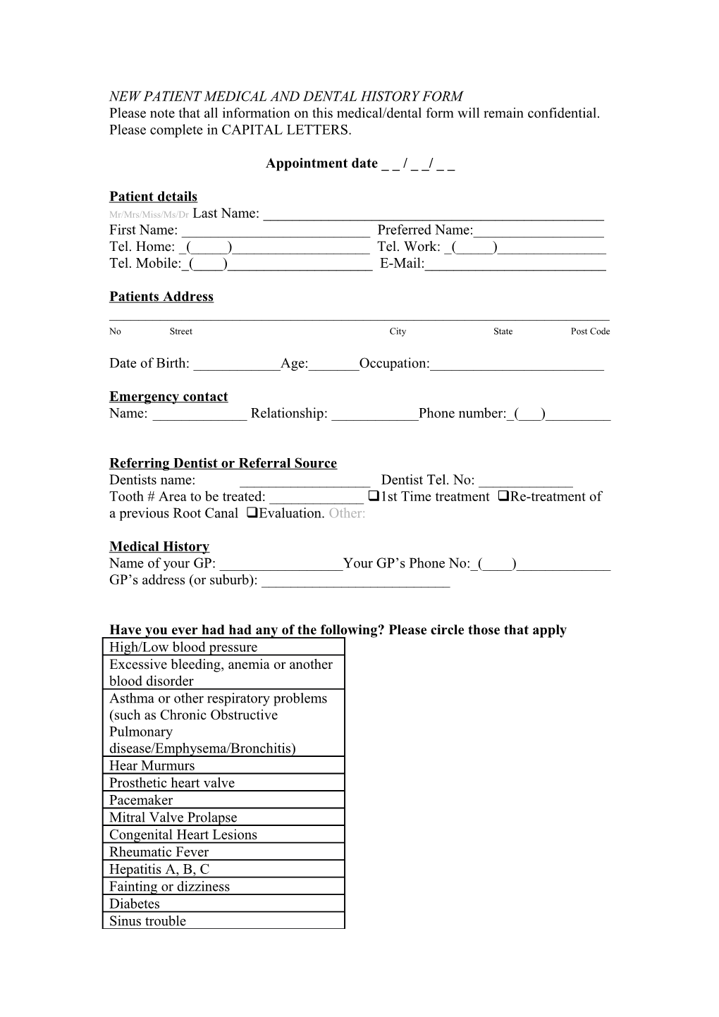 New Patient Medical and Dental History Form