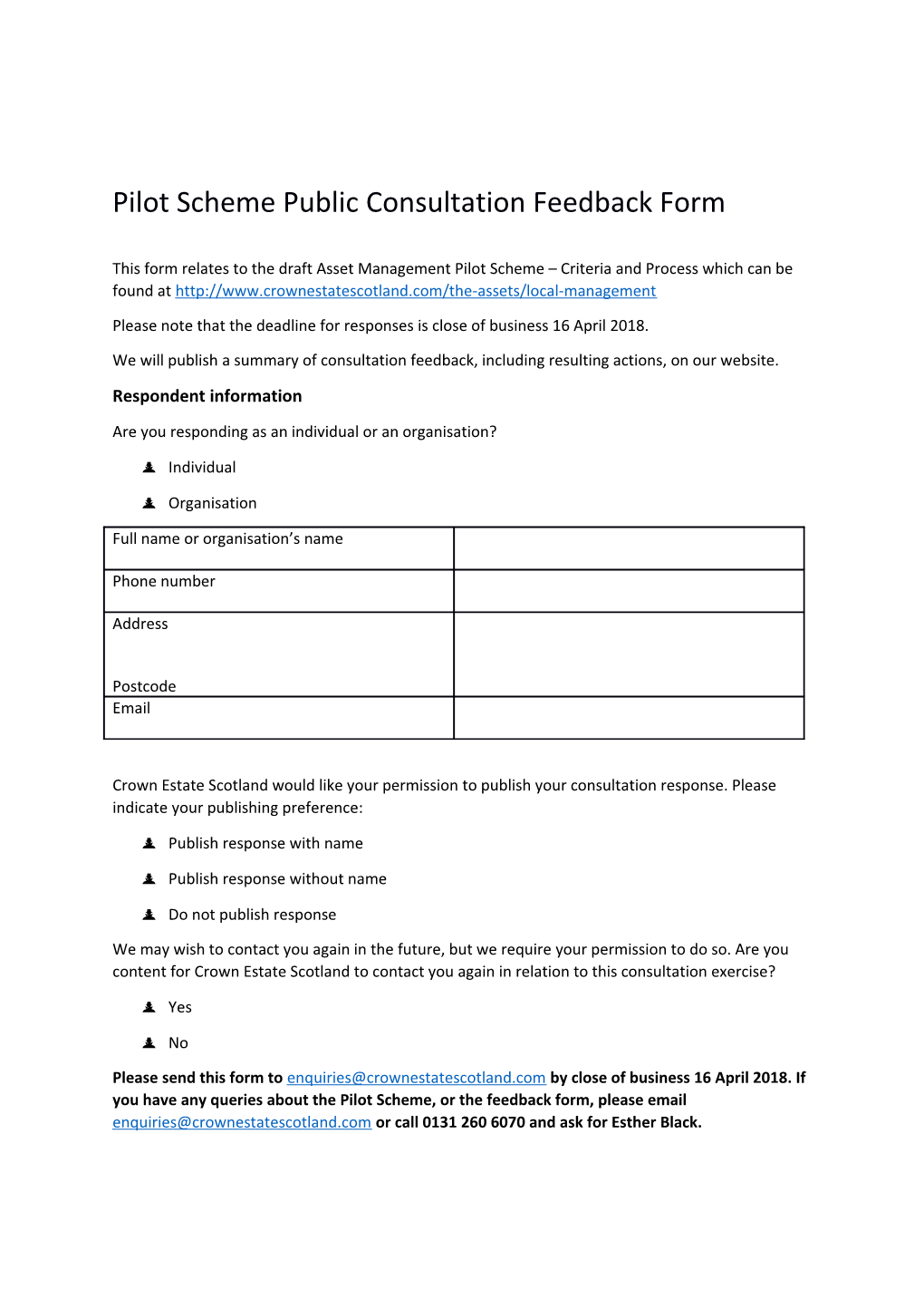 Pilot Scheme Public Consultation Feedback Form
