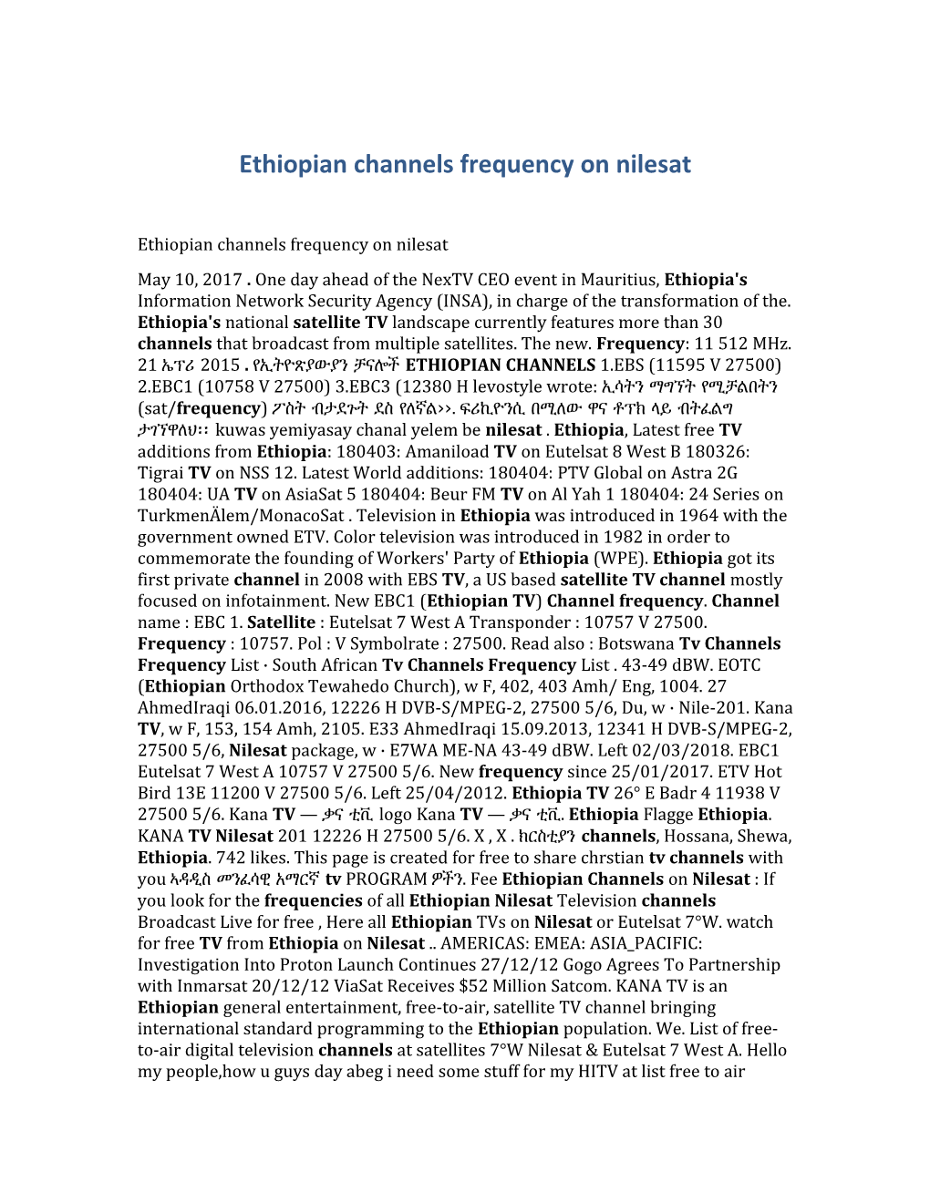 Ethiopian Channels Frequency on Nilesat