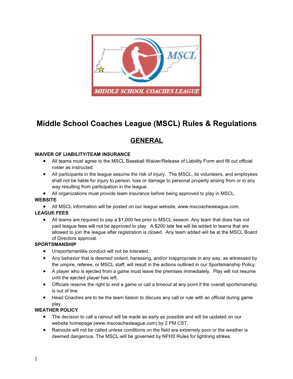 Middle School Coaches League (MSCL) Rules & Regulations