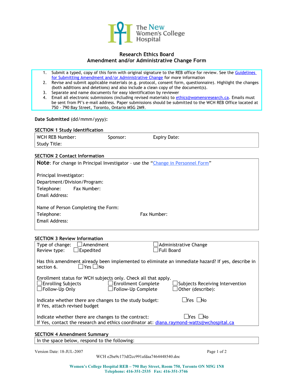 Amendment And/Or Administrative Change Form