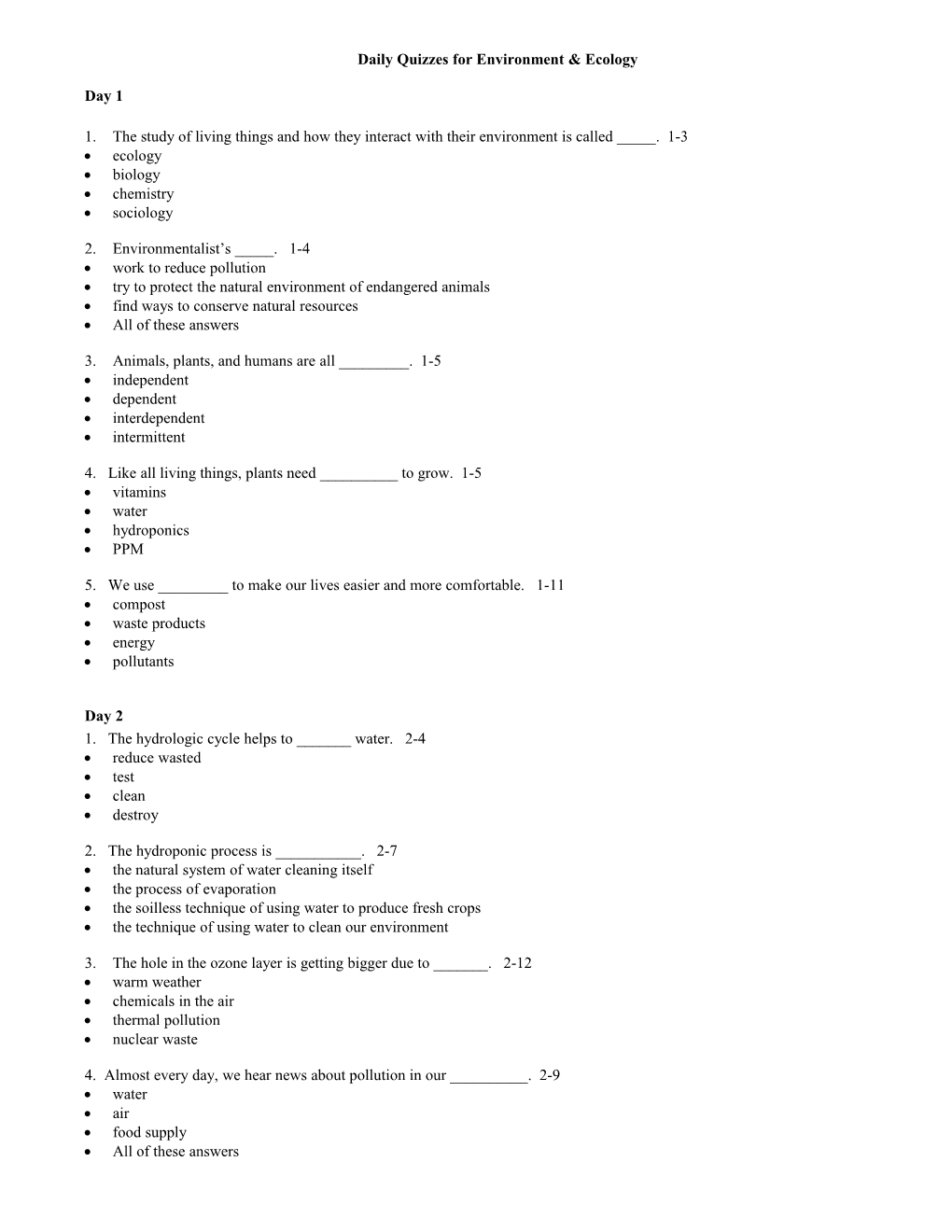 Study Guide Answers for Module 510-Environment & Ecology