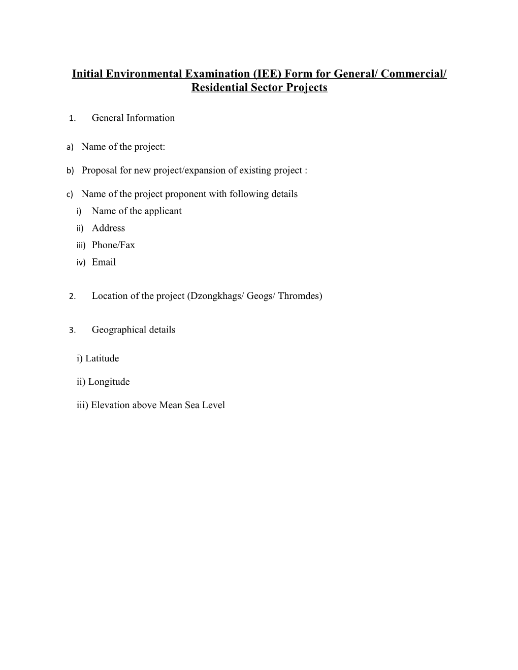 Initial Environmental Examination (IEE) Form for General/ Commercial/ Residential Sector