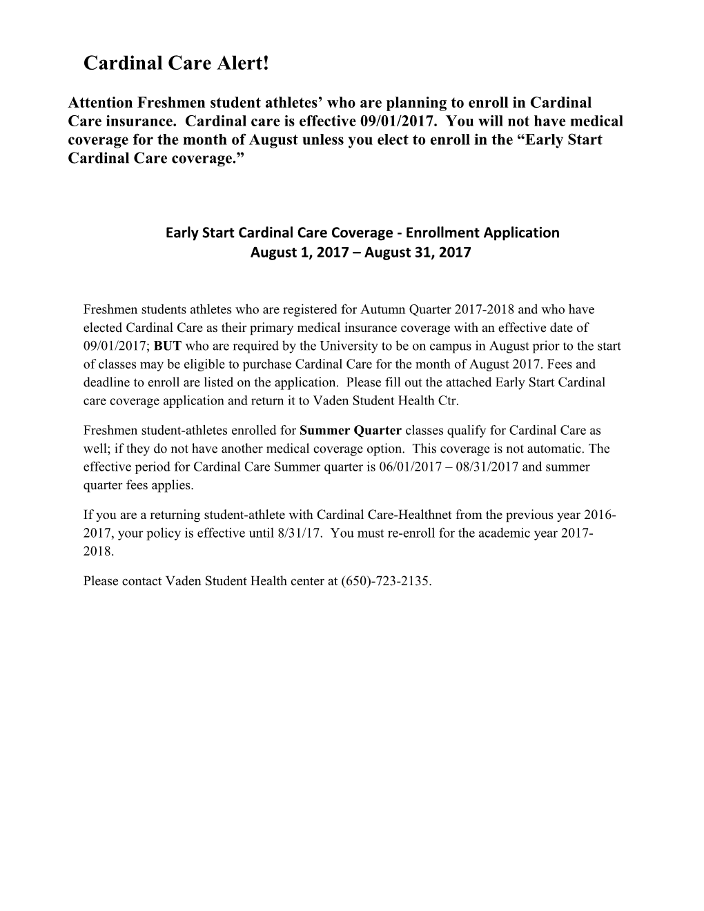 Early Start Cardinal Care Coverage - Enrollment Application