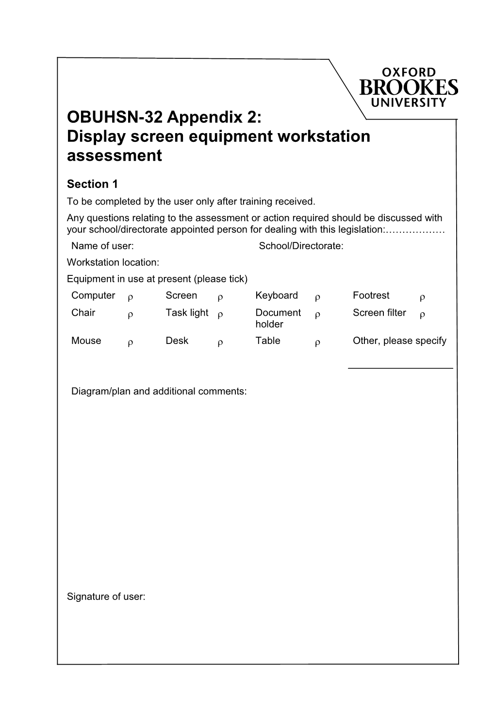 OBUHSN-32 Appendix 2: Display Screen Equipment Workstation Assessment