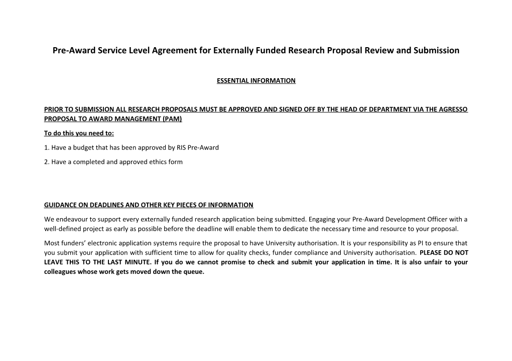 Pre-Award Service Level Agreement for Externally Funded Research Proposal Review and Submission