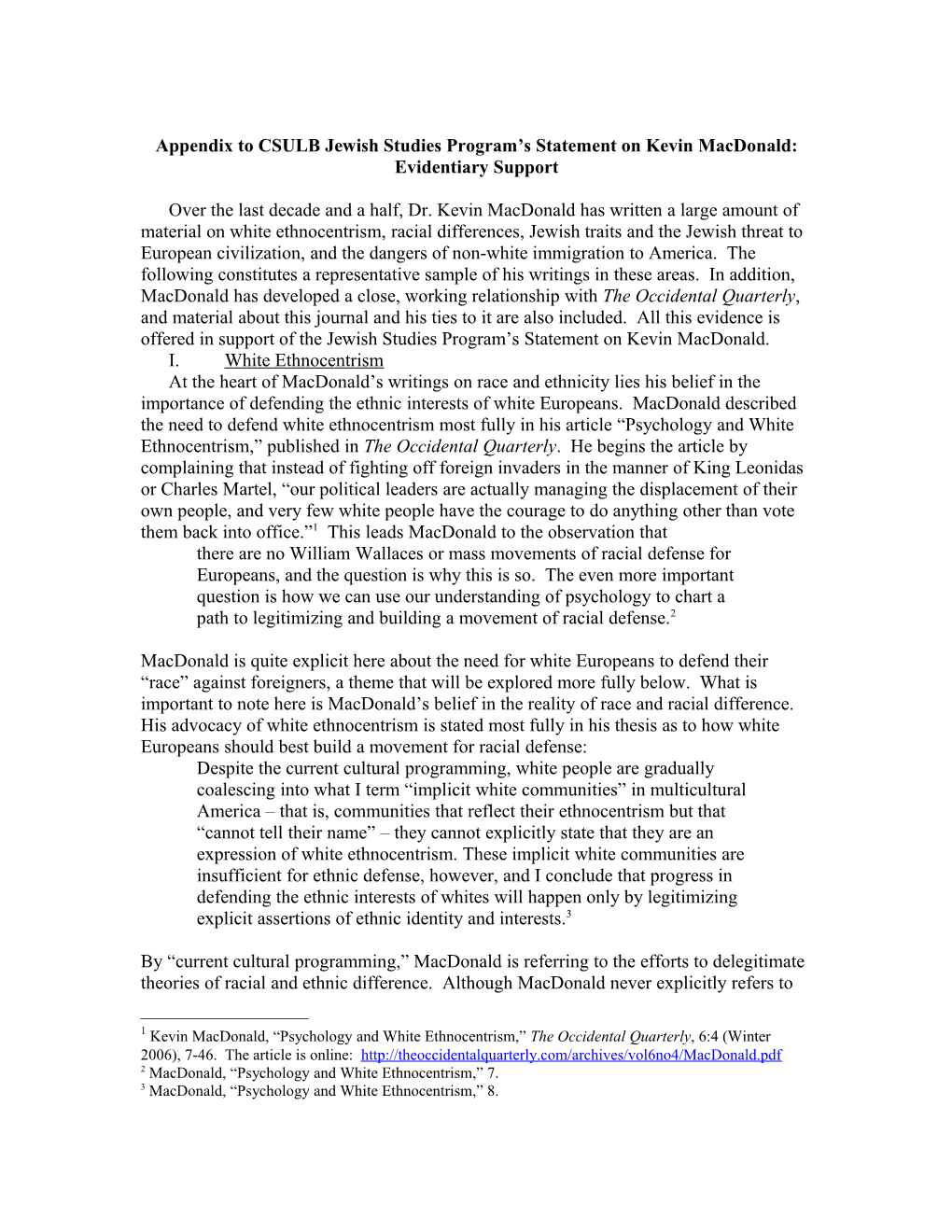 Appendix to CSULB Jewish Studies Program S Statement on Kevin Macdonald