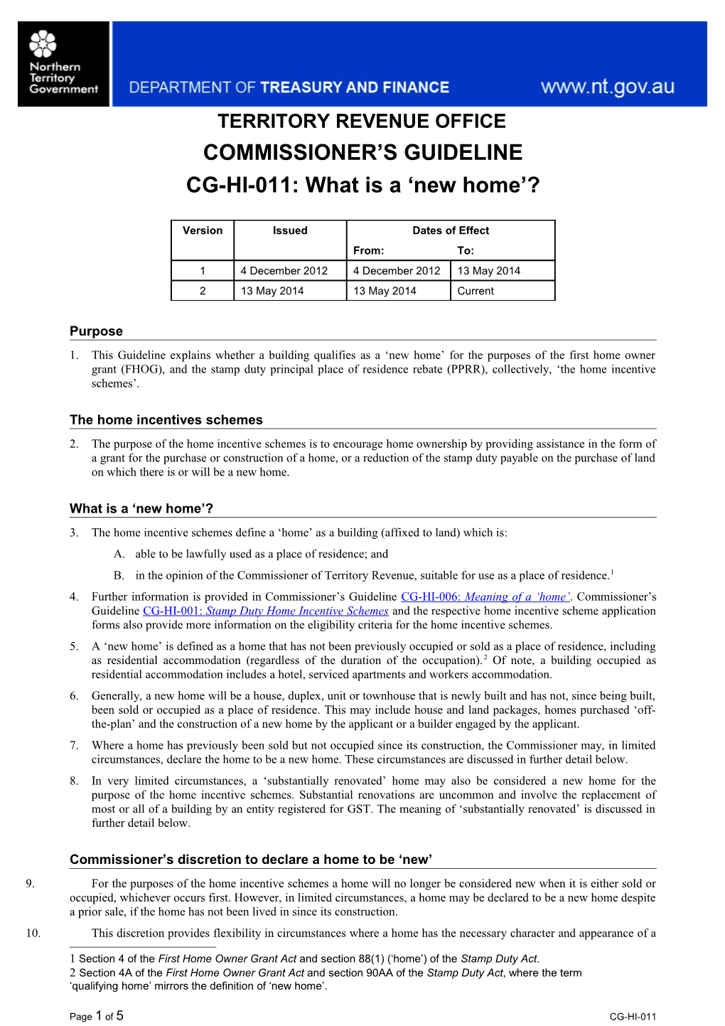 Commissioners Guideline - What Is a New Home - CG-HI-011