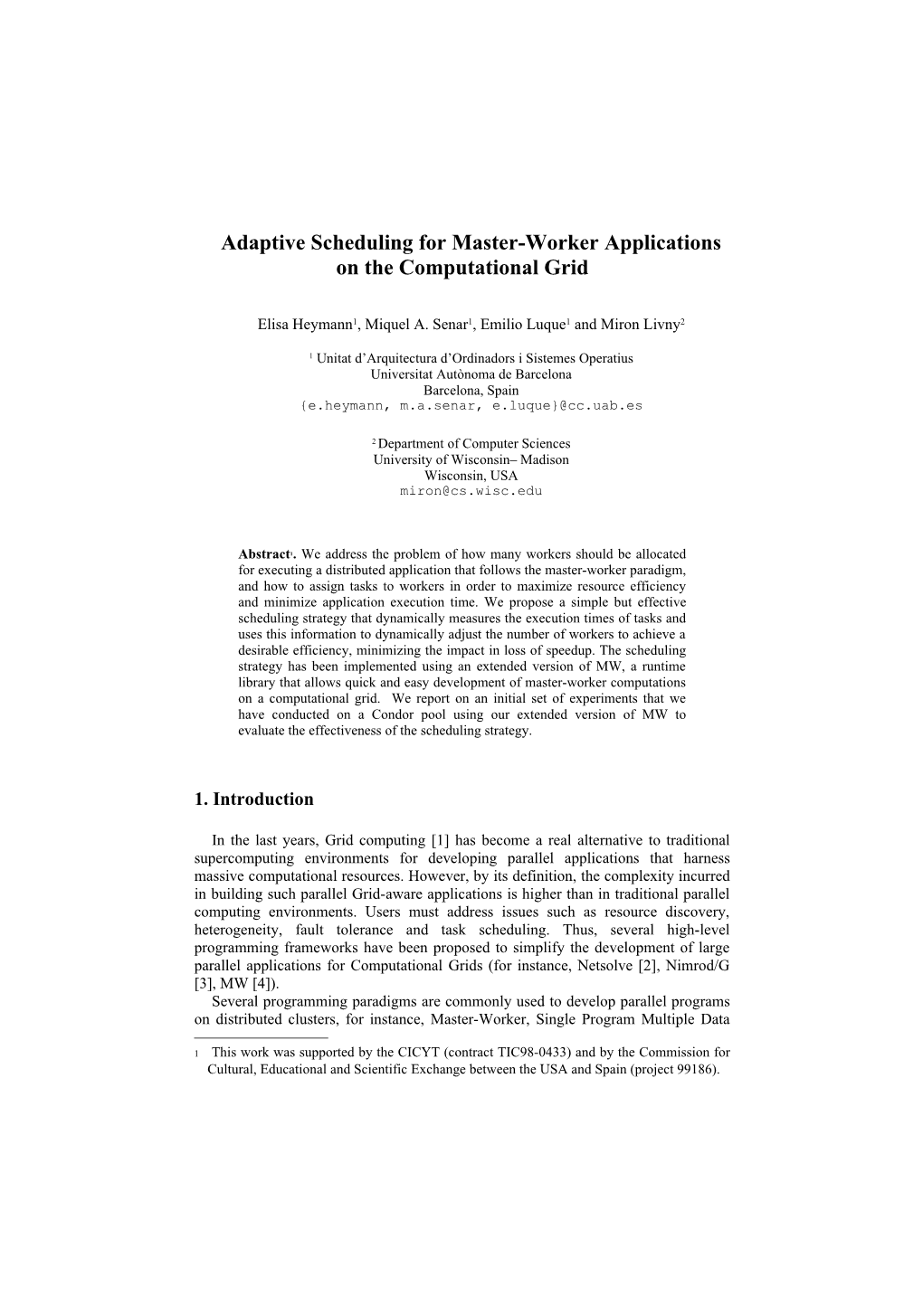 Adaptive Scheduling for Master-Worker Applications on the Computational Grid