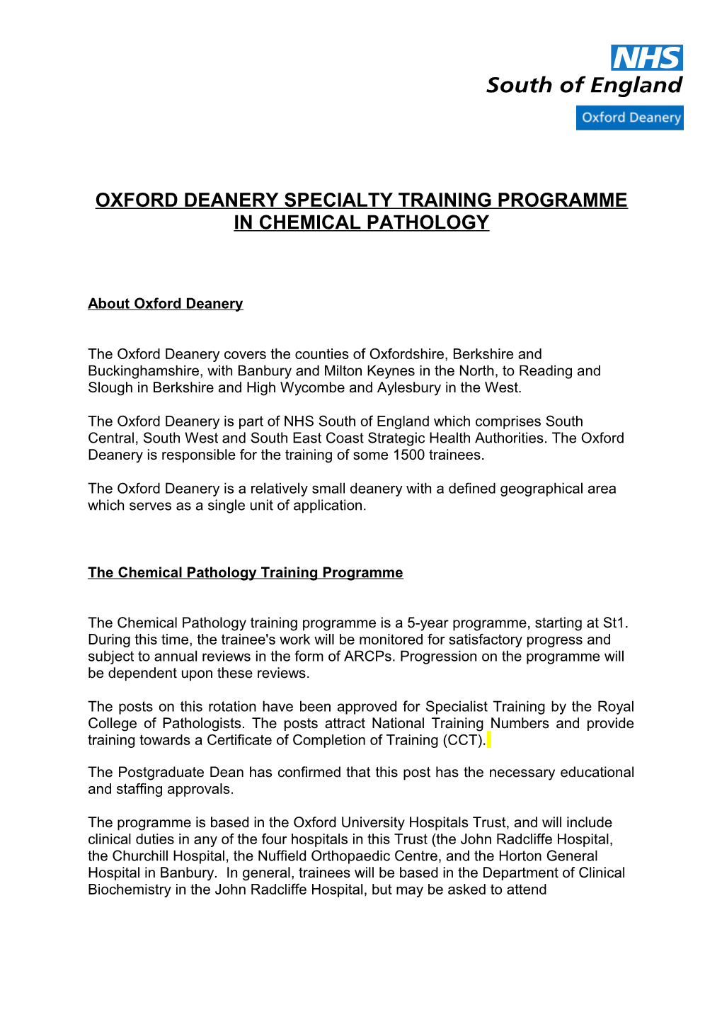 Oxford Deanery Specialty Training Programme in Chemical Pathology