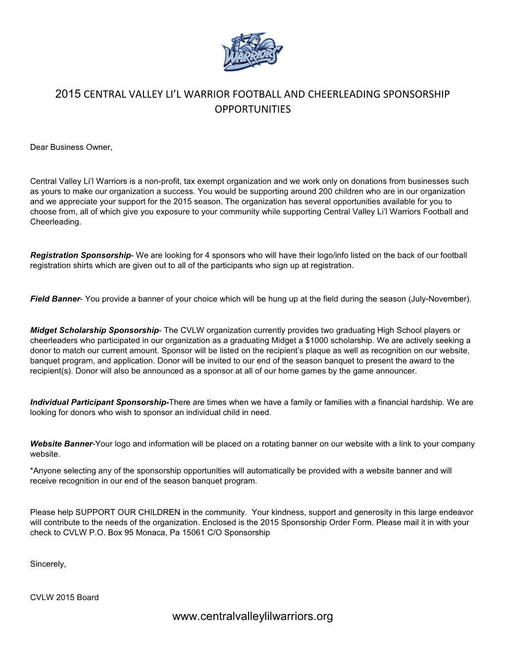 2015 Central Valley Li L Warrior Football and Cheerleading Sponsorship Opportunities