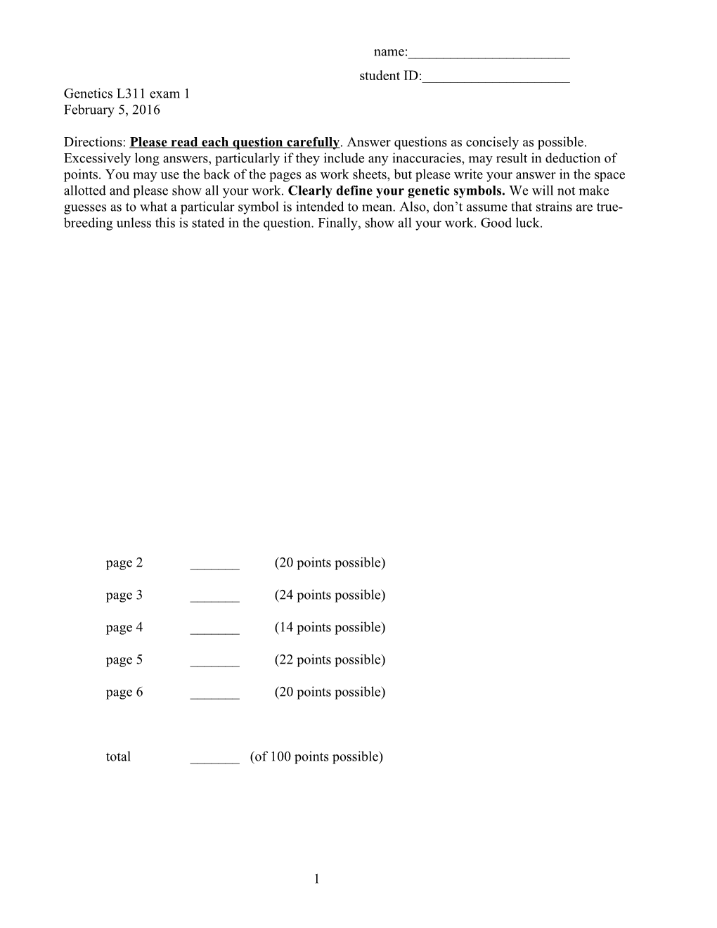 Genetics L311 Exam 1