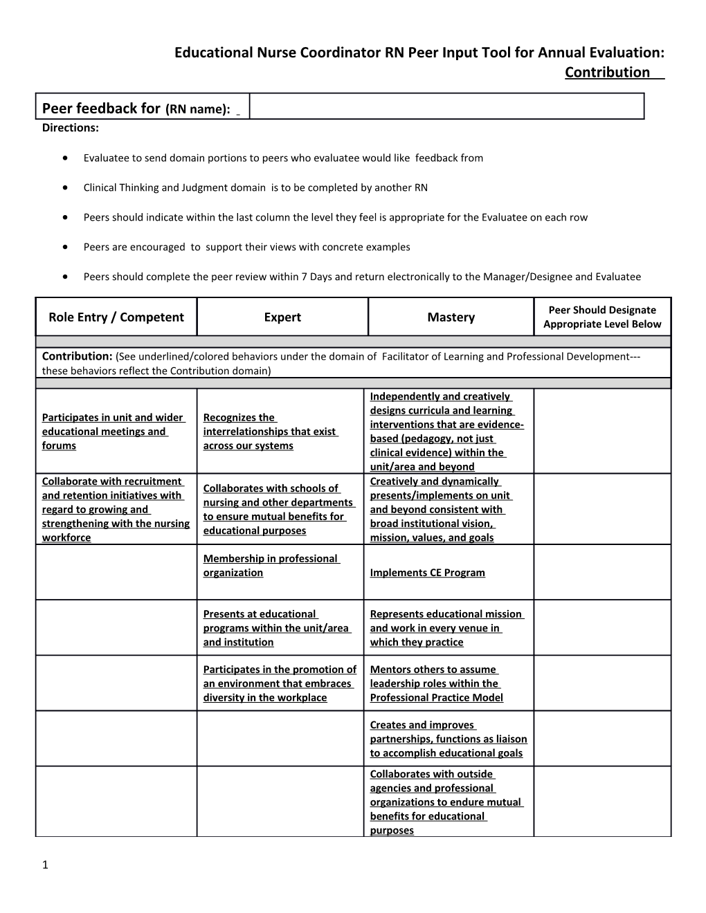 Educational Nurse Coordinatorrn Peer Input Tool for Annual Evaluation: Contribution