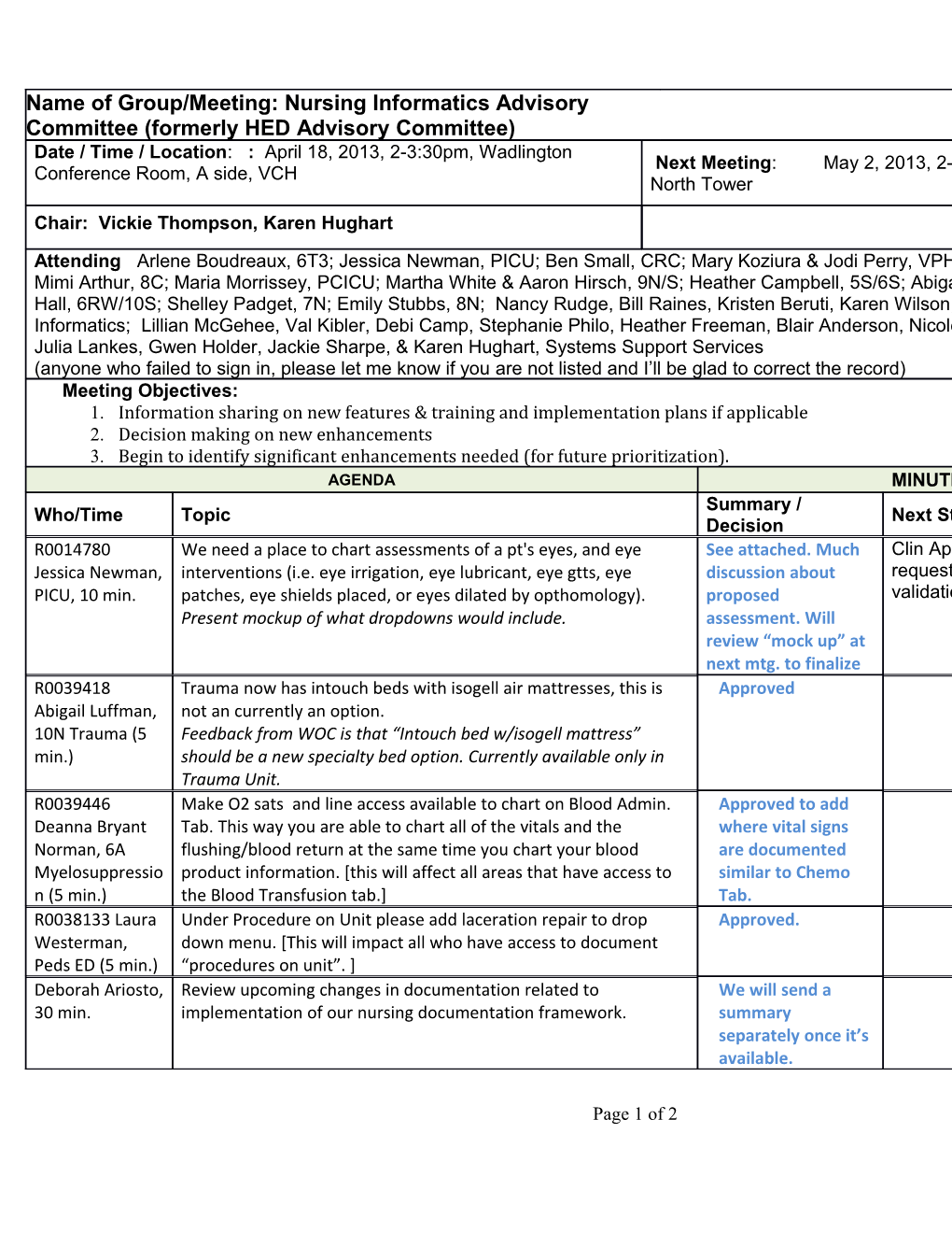 Name of Group/Meeting:Nursing Informatics Advisory Committee (Formerly HED Advisory Committee)