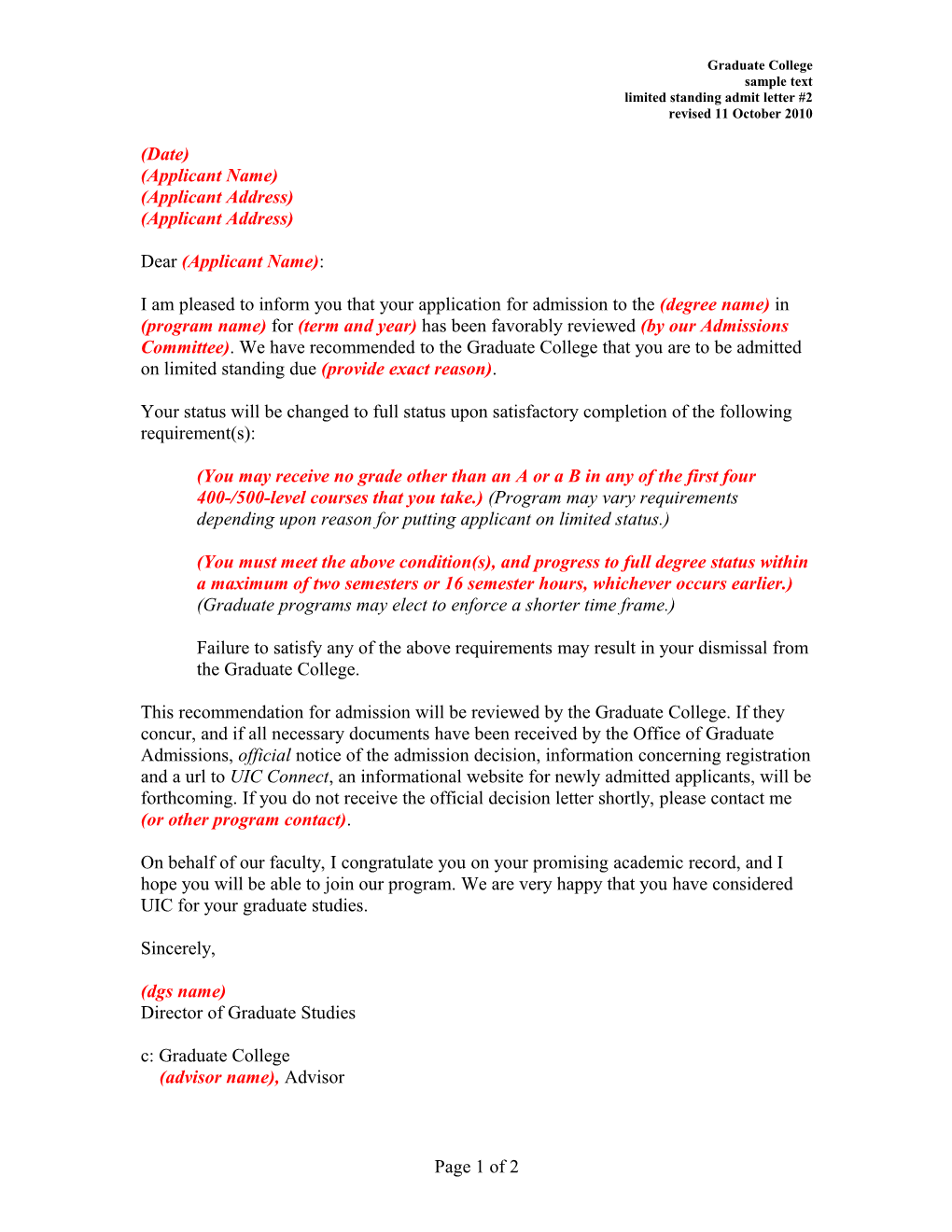 Limited Status Admit Letter #2