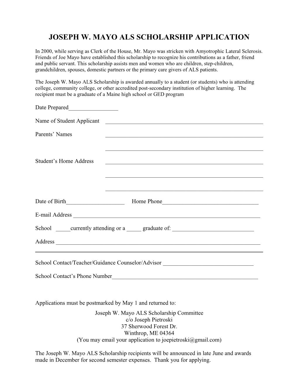 Joseph W. Mayo Als Scholarship Application