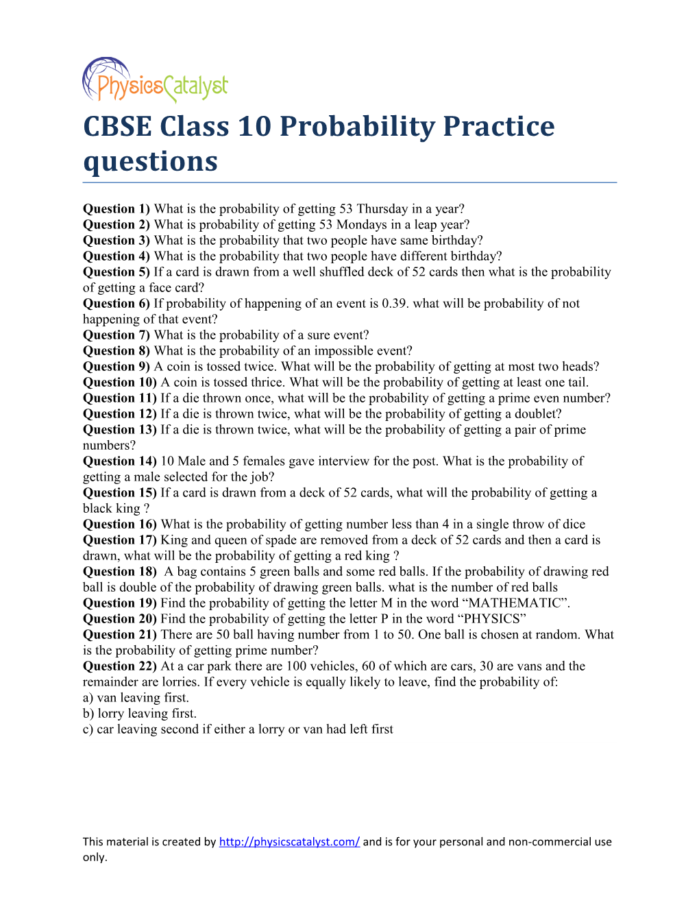 CBSE Class 10 Probability Practice Questions
