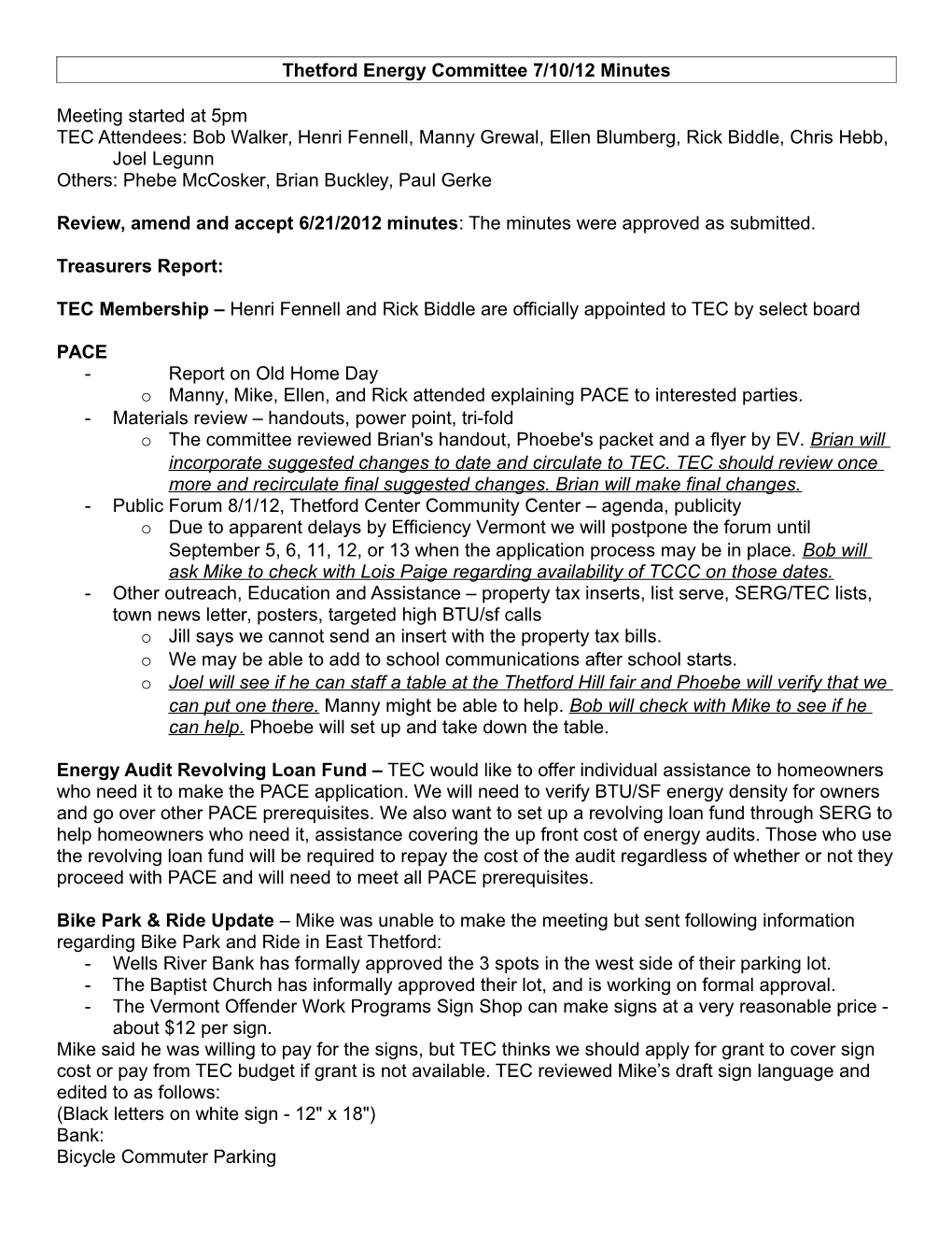 Thetford Energy Committee 9/13/11 Agenda/Notes
