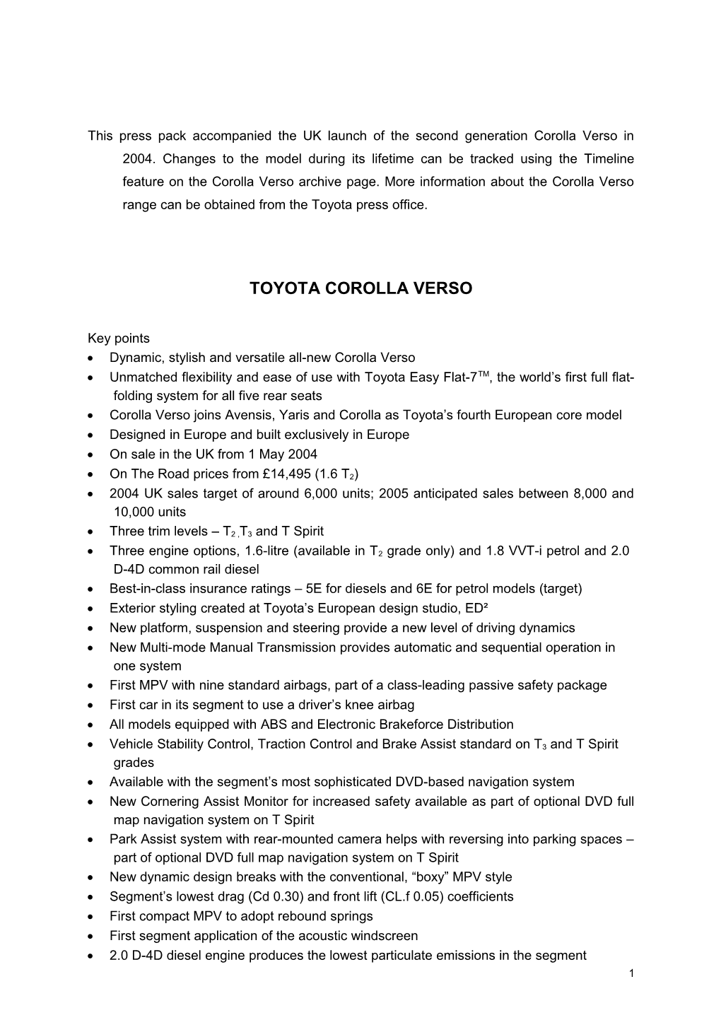 This Press Pack Accompanied the UK Launch of the Second Generation Corolla Verso in 2004