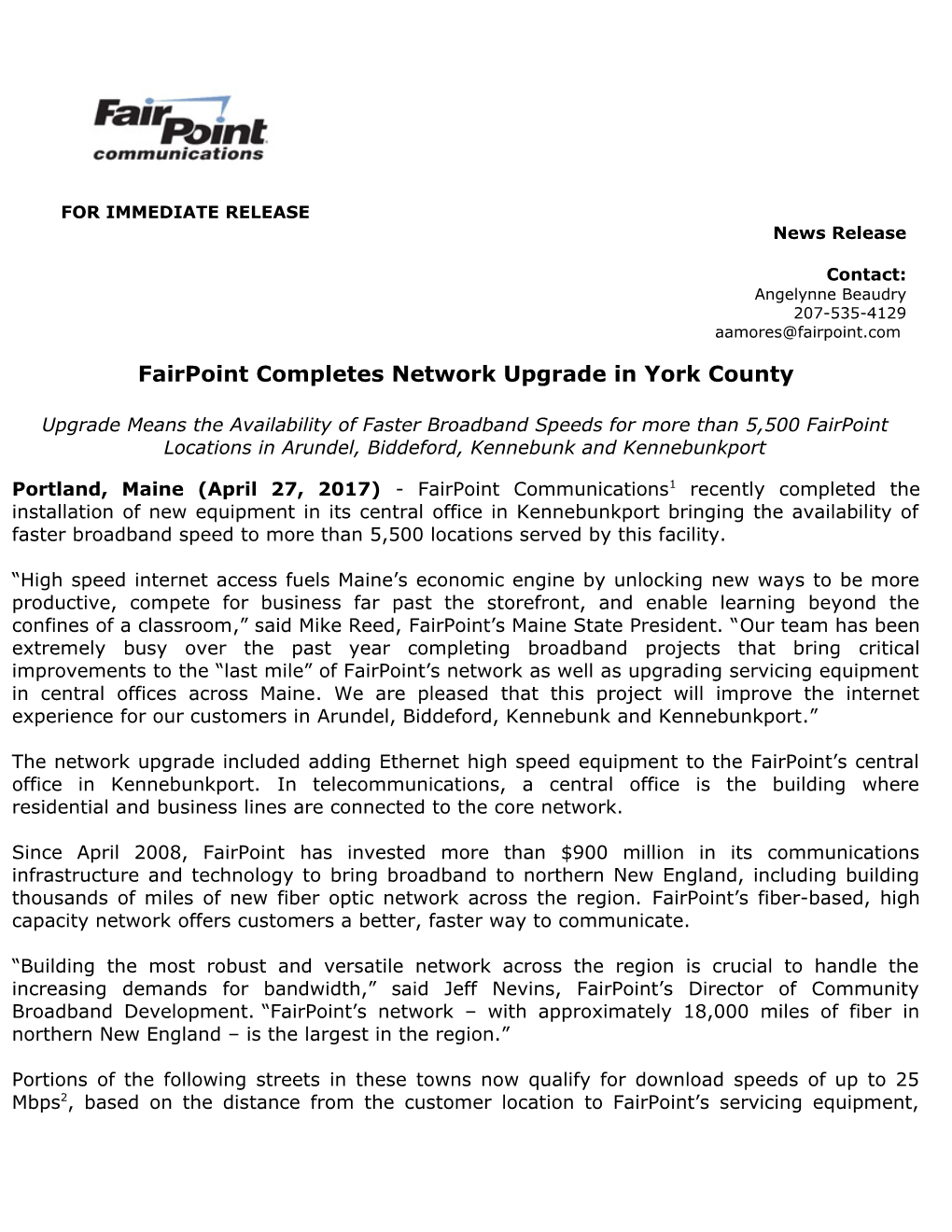 Fairpoint Completes Network Upgrade in York County