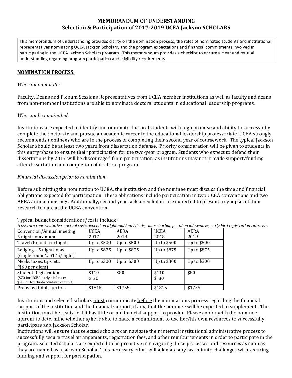 Selection & Participation of 2017-2019 UCEA Jackson SCHOLARS