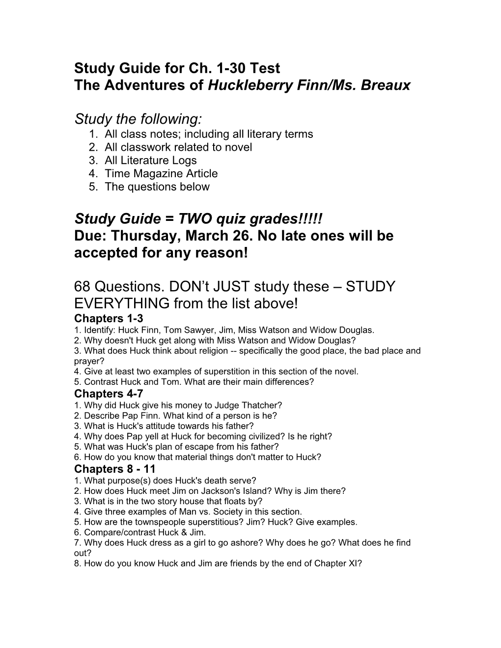 SHORT ANSWER STUDY GUIDE QUESTIONS - Huckleberry Finn