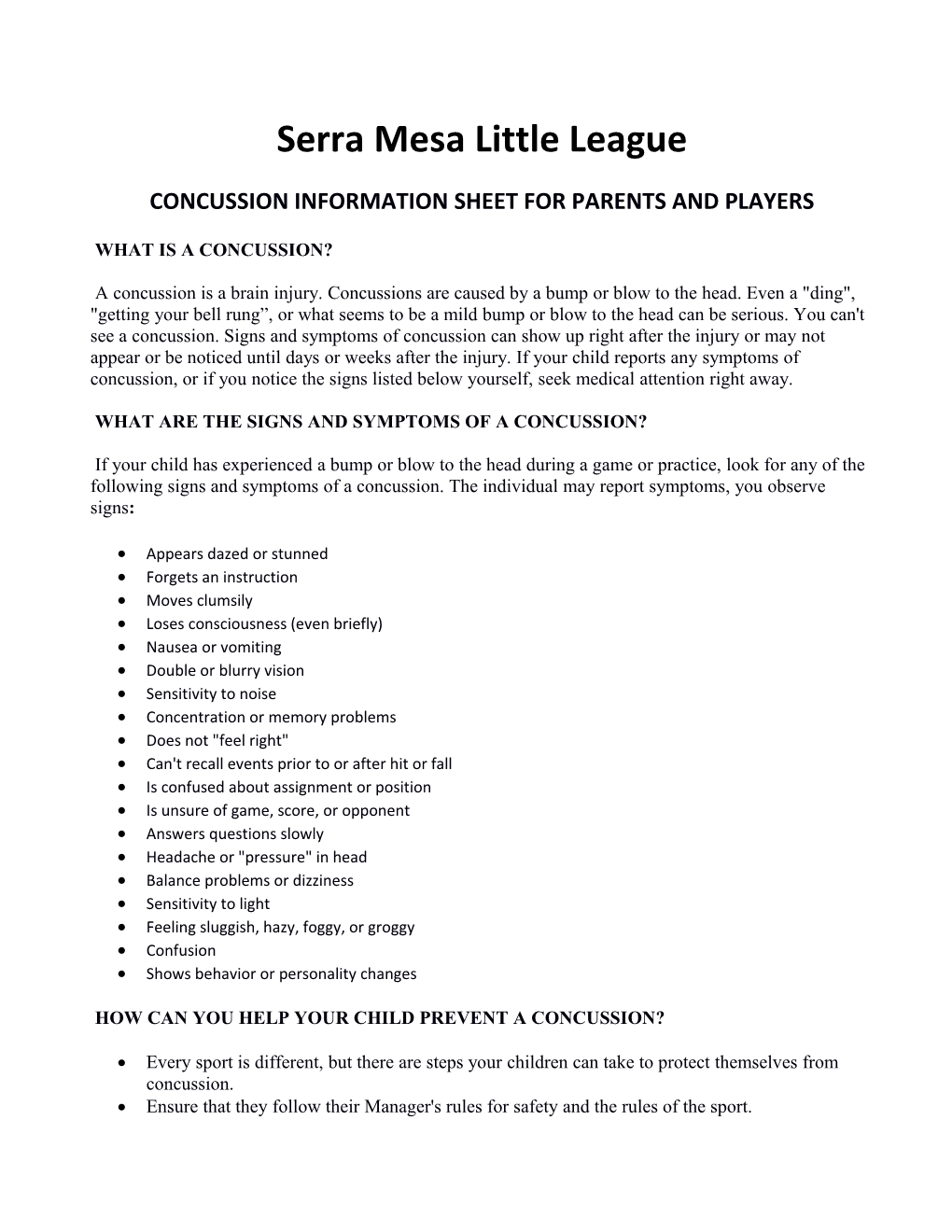 Concussion Information Sheet for Parents and Players