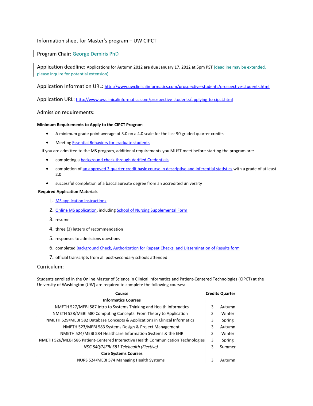 Information Sheet for Master S Program UW CIPCT